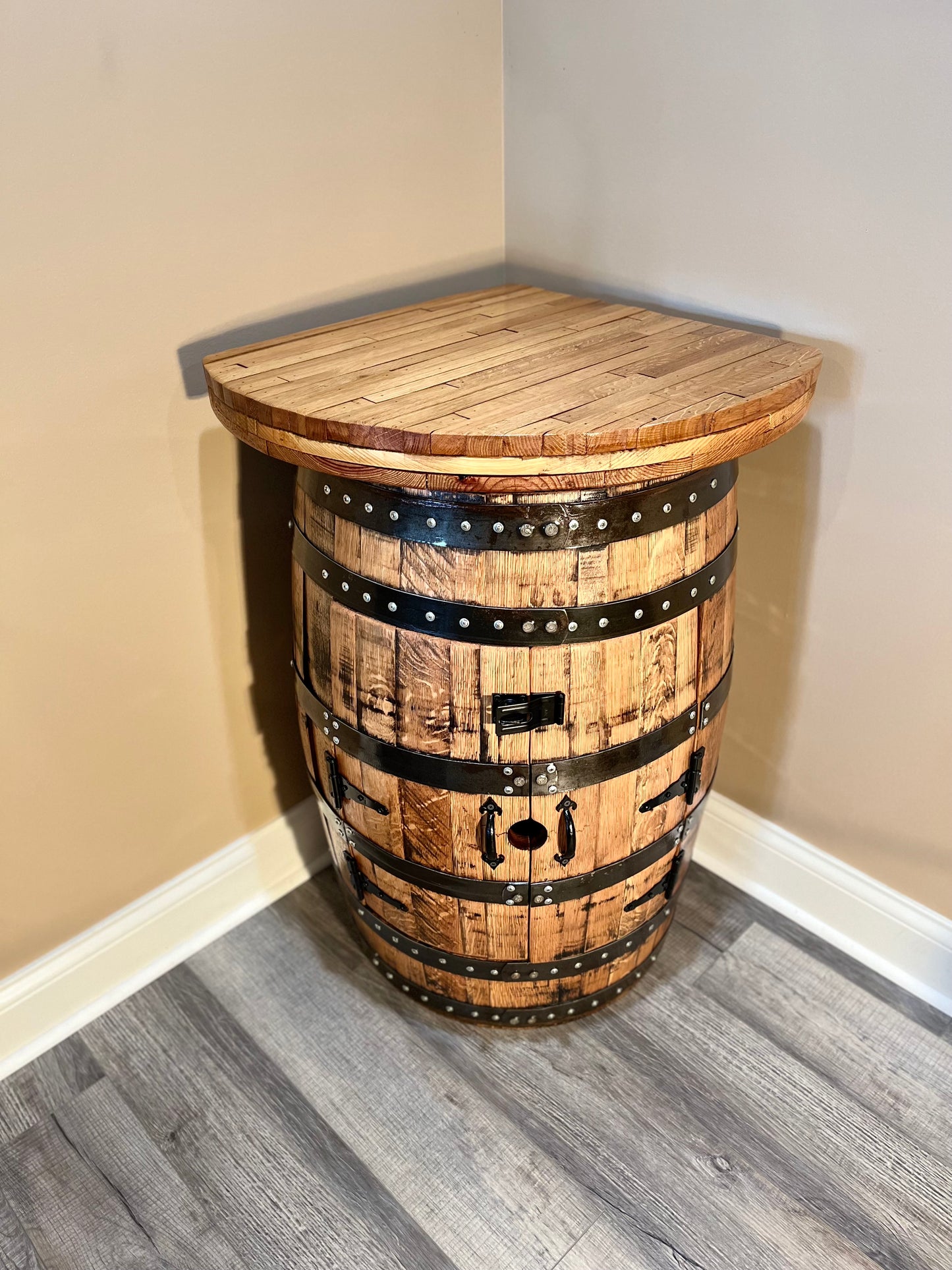 Caddy Corner Bourbon Barrel Cabinet